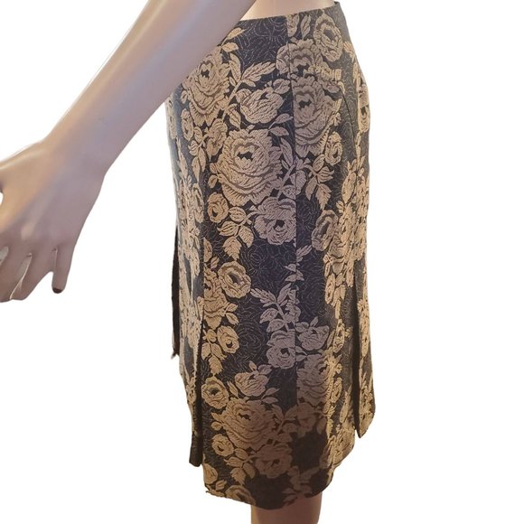 Ann Taylor Sz 2 Wool & Silk Brocade Black Gold Floral Pleated Pencil Skirt - Picture 2 of 9